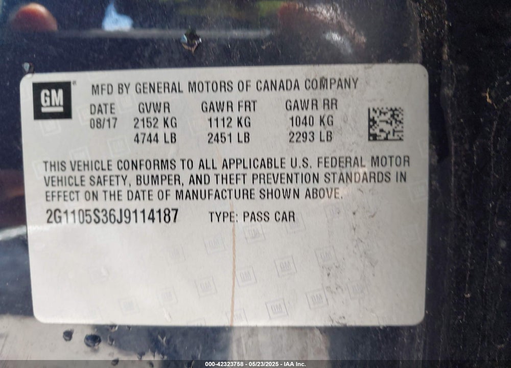 2018 CHEVROLET IMPALA VIN: 2G1105S36J9114187
