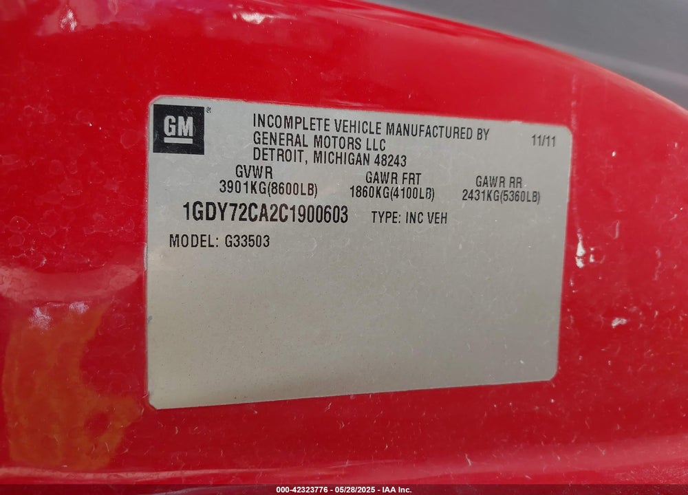 2012 GMC SAVANA CUTAWAY WORK VAN VIN: 1GDY72CA2C1900603