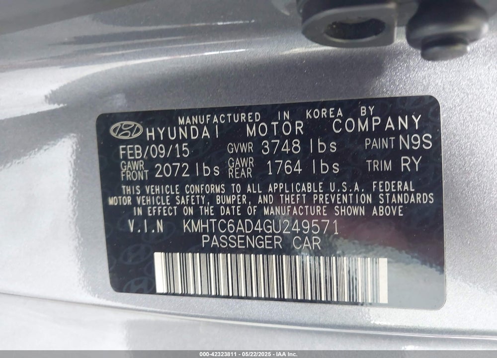 2016 HYUNDAI VELOSTER VIN: KMHTC6AD4GU249571