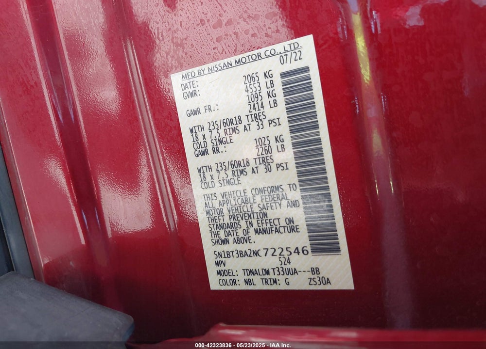 2022 NISSAN ROGUE VIN: 5N1BT3BA2NC722546