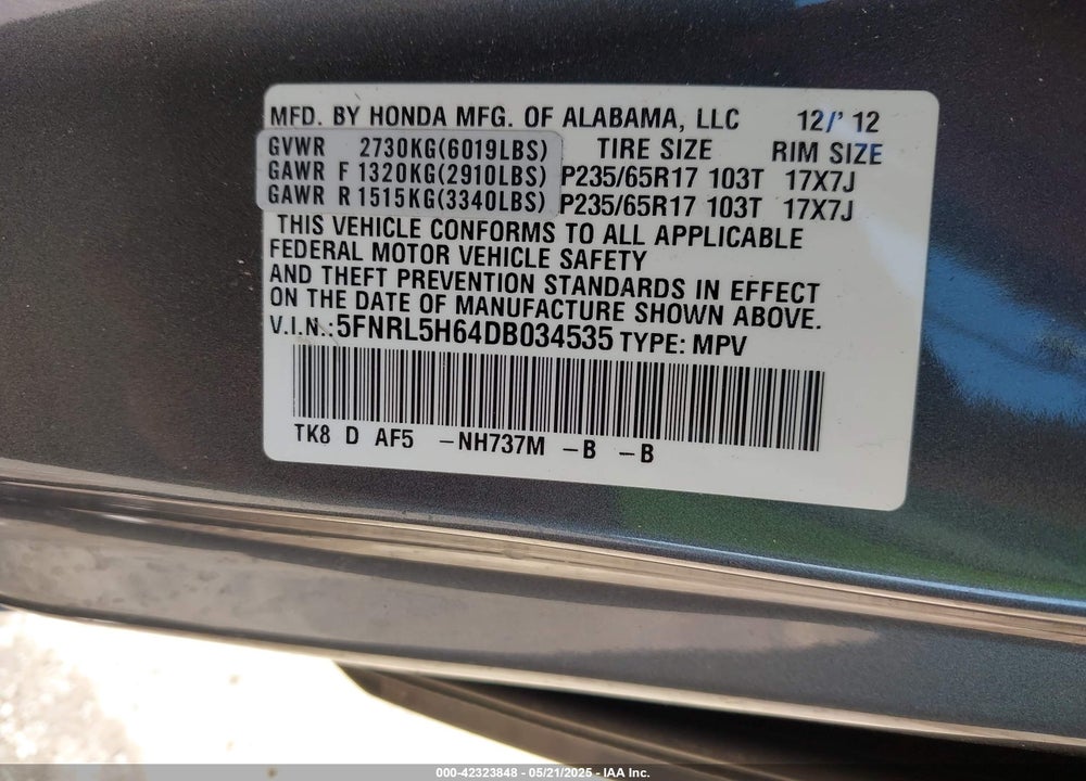 2013 HONDA ODYSSEY EX-L VIN: 5FNRL5H64DB034535
