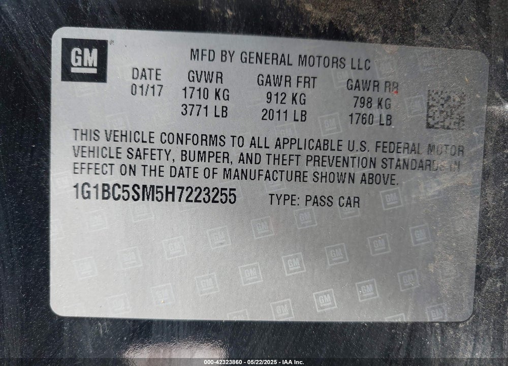 2017 CHEVROLET CRUZE LS AUTO VIN: 1G1BC5SM5H7223255