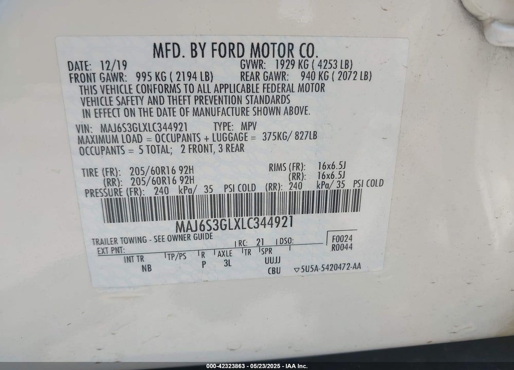 2020 FORD ECOSPORT VIN: MAJ6S3GLXLC344921