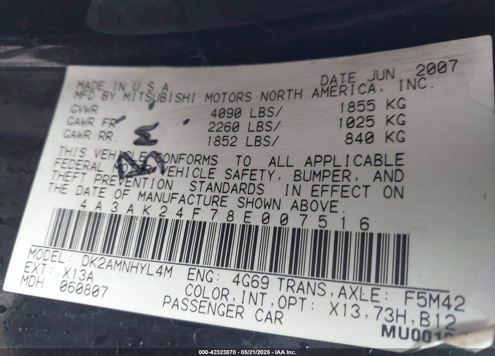 2008 MITSUBISHI ECLIPSE GS VIN: 4A3AK24F78E007516