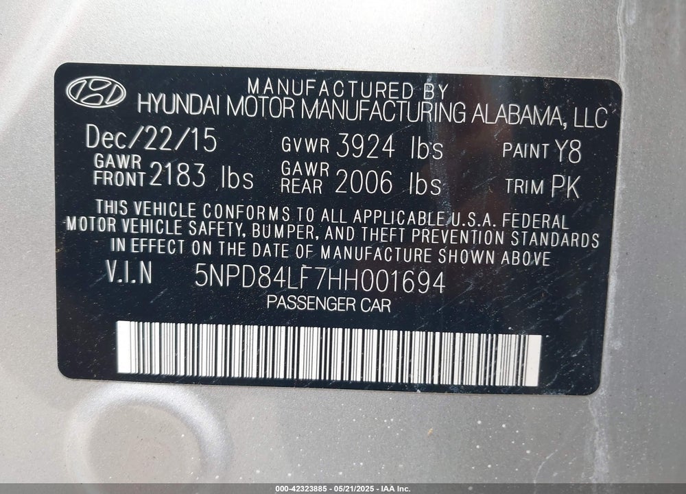 2017 HYUNDAI ELANTRA VIN: 5NPD84LF7HH001694