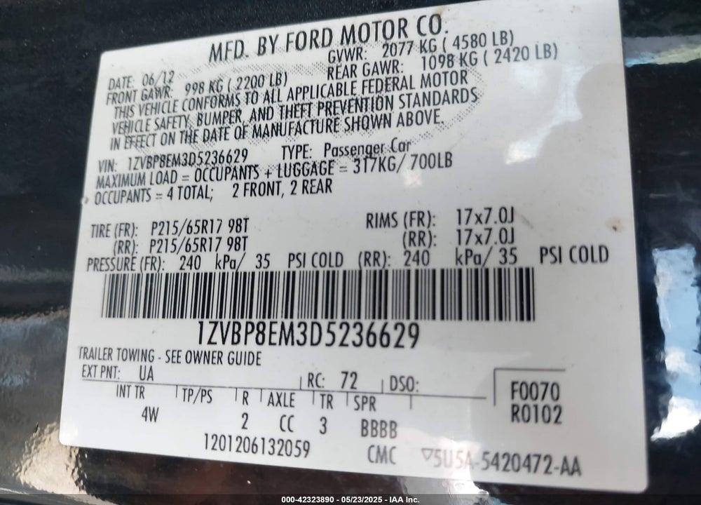 2013 FORD MUSTANG VIN: 1ZVBP8EM3D5236629