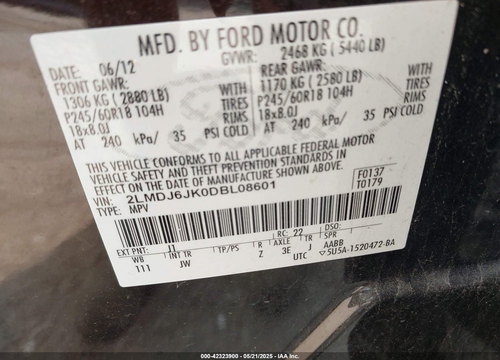 2013 LINCOLN MKX VIN: 2LMDJ6JK0DBL08601