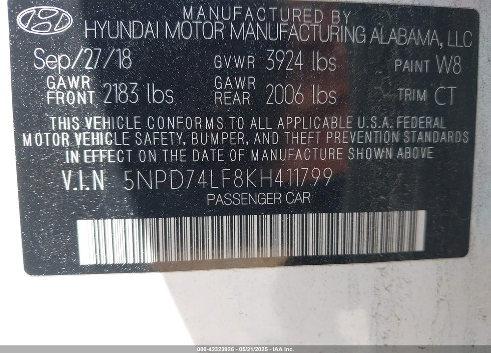 2019 HYUNDAI ELANTRA VIN: 5NPD74LF8KH411799