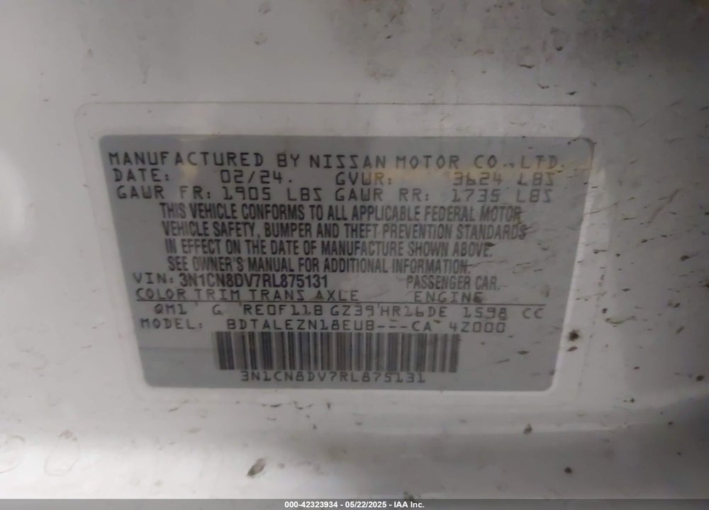 2024 NISSAN VERSA 1.6 S+ VIN: 3N1CN8DV7RL875131