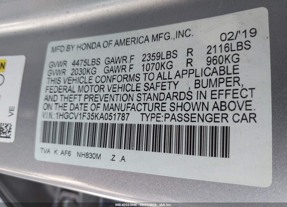 2019 HONDA ACCORD SEDAN VIN: 1HGCV1F35KA051787