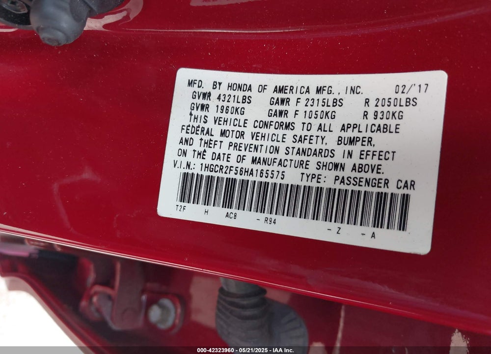 2017 HONDA ACCORD SPORT VIN: 1HGCR2F56HA165575
