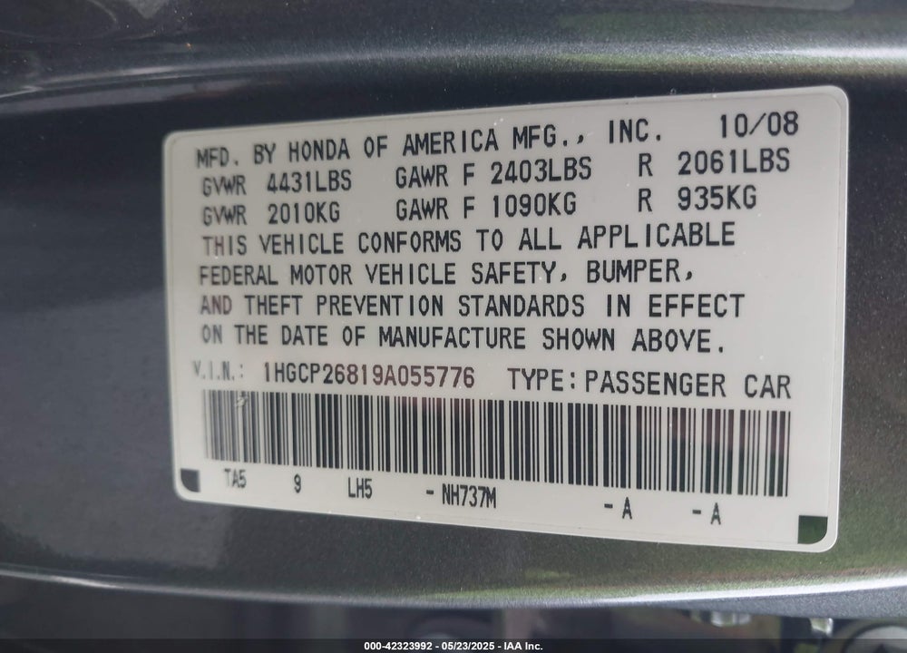 2009 HONDA ACCORD VIN: 1HGCP26819A055776