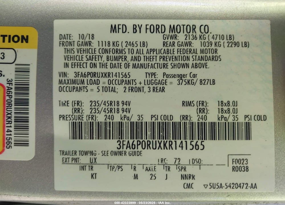 2019 FORD FUSION HYBRID TITANIUM VIN: 3FA6P0RUXKR141565