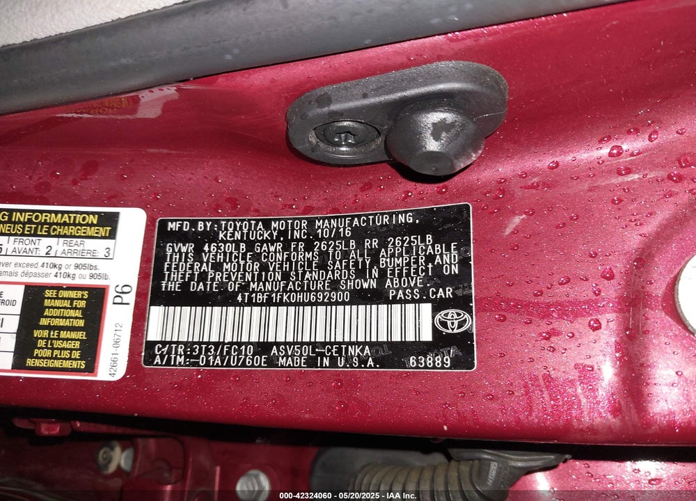 2017 TOYOTA CAMRY LE VIN: 4T1BF1FK0HU692900