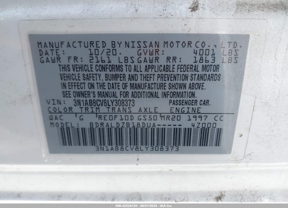 2020 NISSAN SENTRA VIN: 3N1AB8CV8LY308373