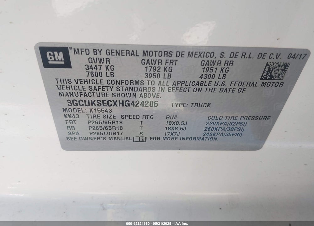 2017 CHEVROLET SILVERADO 1500 1LZ VIN: 3GCUKSECXHG424206