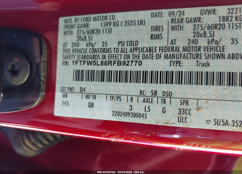 2024 FORD F-150 LARIAT VIN: 1FTFW5L86RFB92770