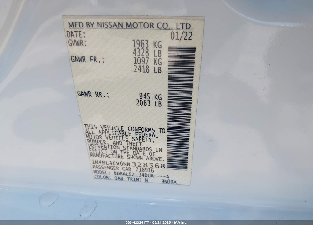 2022 NISSAN ALTIMA VIN: 1N4BL4CV6NN328568