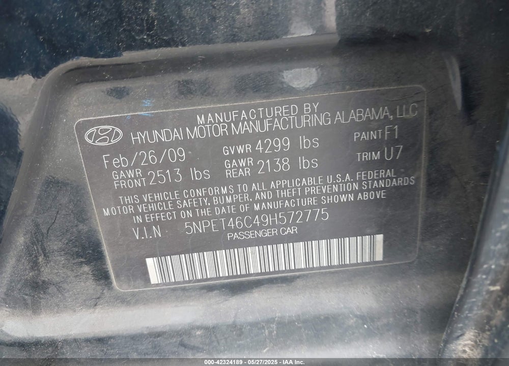 2009 HYUNDAI SONATA VIN: 5NPET46C49H572775