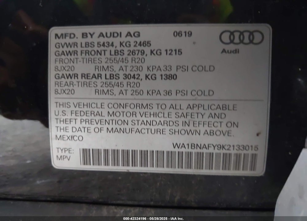 2019 AUDI Q5 45 PREMIUM VIN: WA1BNAFY9K2133015