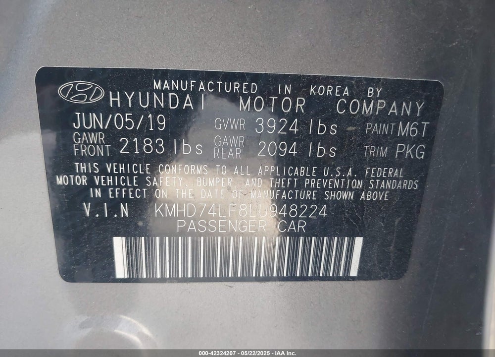 2020 HYUNDAI ELANTRA VIN: KMHD74LF8LU948224