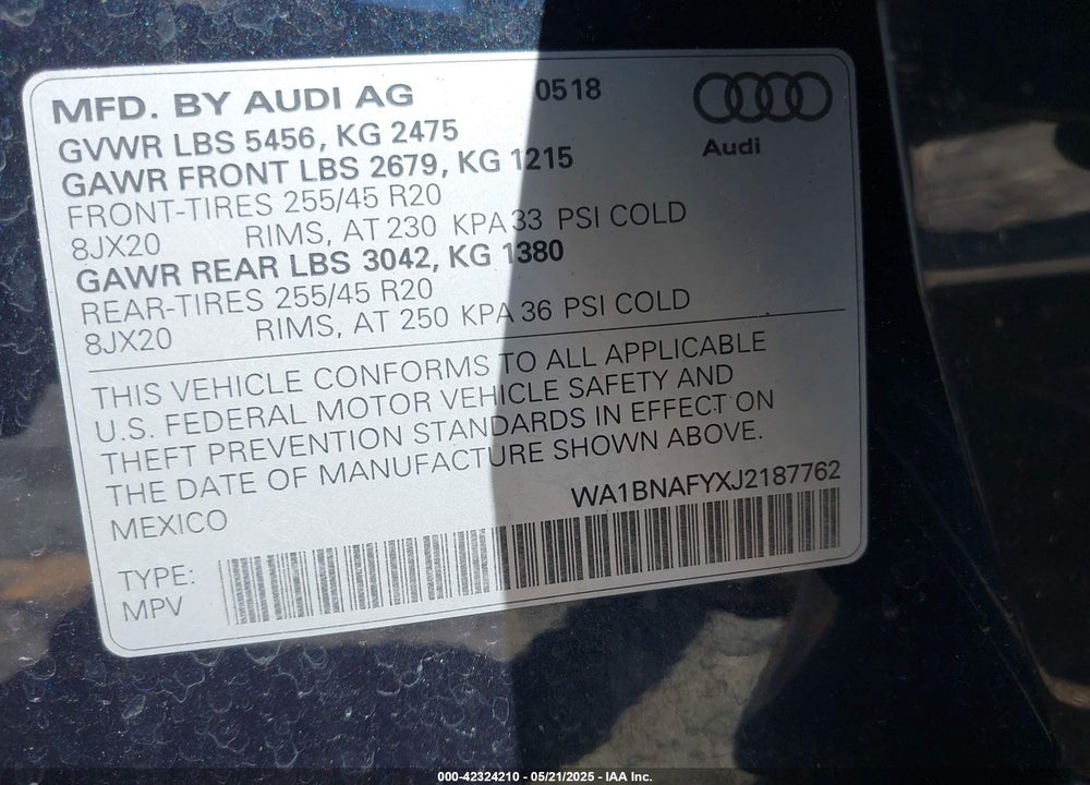 2018 AUDI Q5 2.0T PREMIUM/2.0T TECH PREMIUM VIN: WA1BNAFYXJ2187762