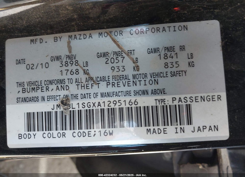 2010 MAZDA 3 I TOURING VIN: JM1BL1SGXA1295166