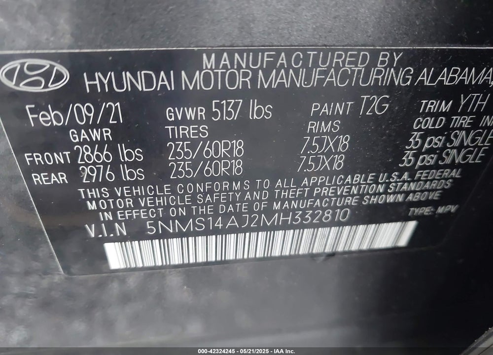 2021 HYUNDAI SANTA FE VIN: 5NMS14AJ2MH332810