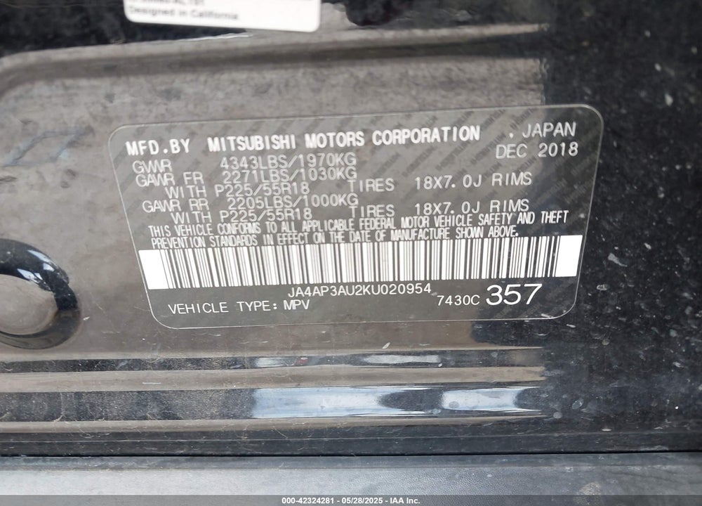 2019 MITSUBISHI OUTLANDER SPORT VIN: JA4AP3AU2KU020954