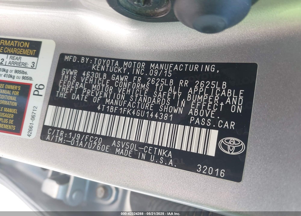 2016 TOYOTA CAMRY VIN: 4T1BF1FK4GU144381