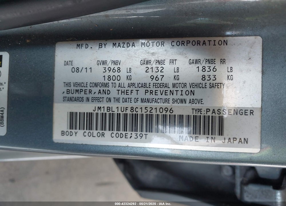 2012 MAZDA MAZDA3 VIN: JM1BL1UF8C1521096