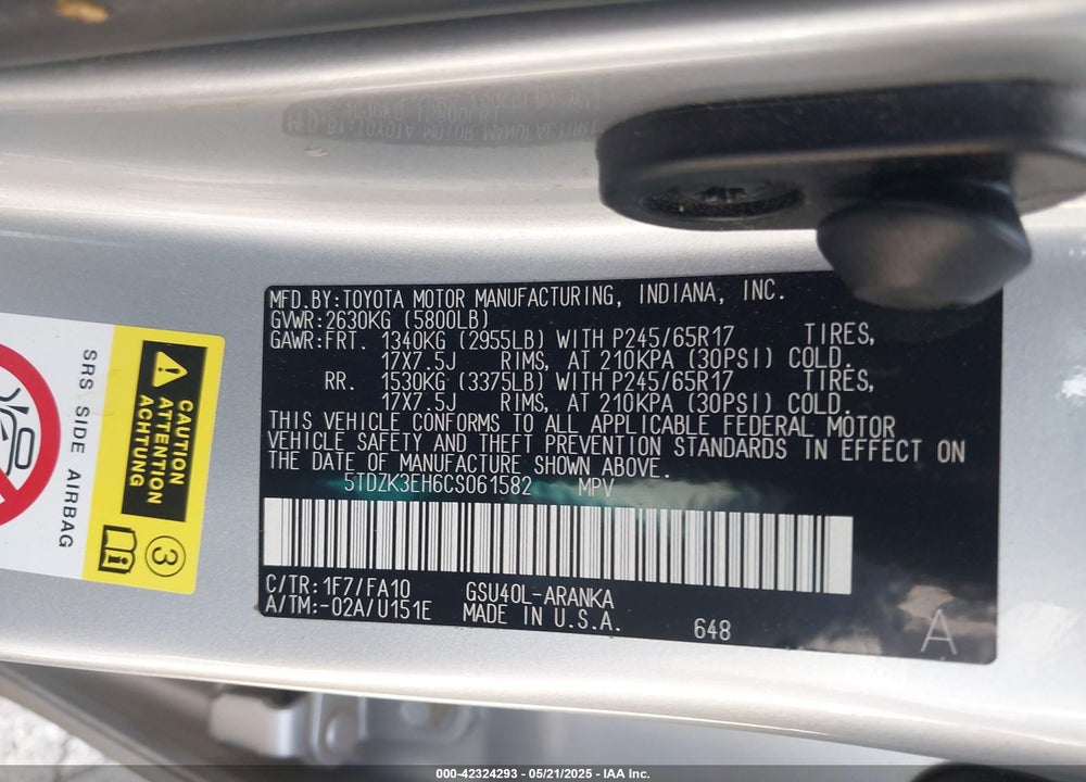 2012 TOYOTA HIGHLANDER VIN: 5TDZK3EH6CS061582