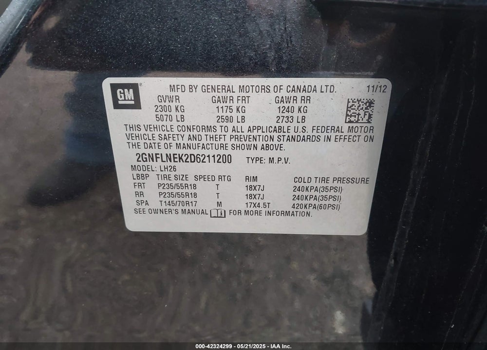 2013 CHEVROLET EQUINOX VIN: 2GNFLNEK2D6211200