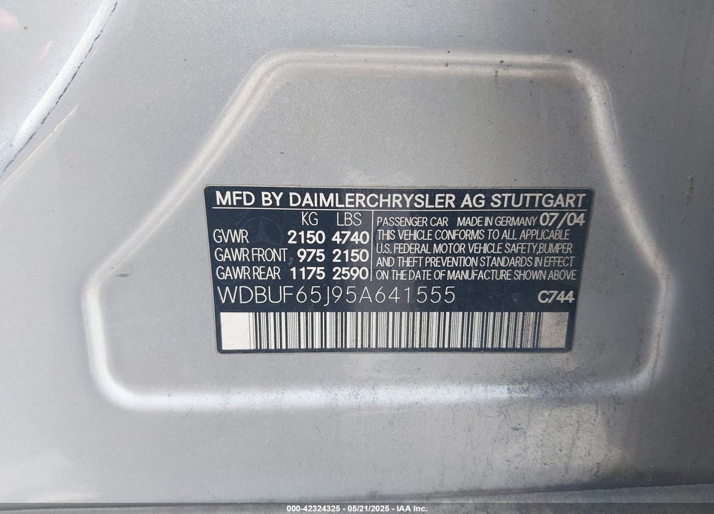 2005 MERCEDES-BENZ E 320 VIN: WDBUF65J95A641555