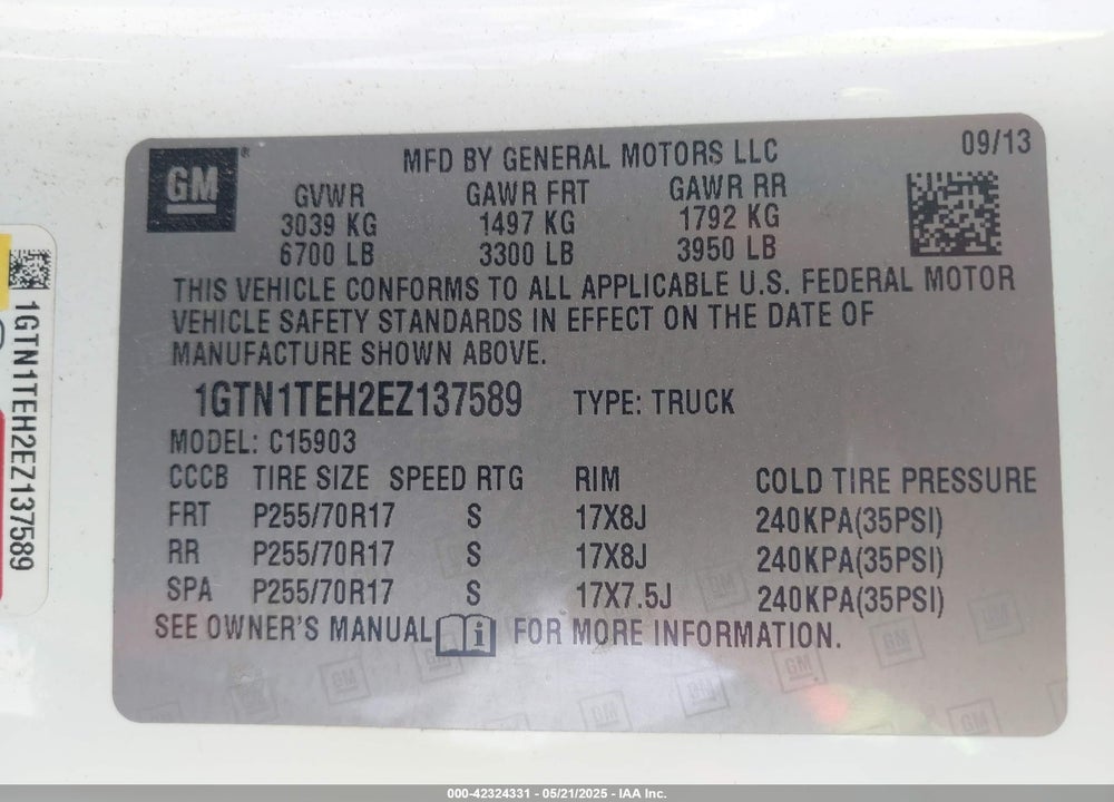 2014 GMC SIERRA 1500 VIN: 1GTN1TEH2EZ137589