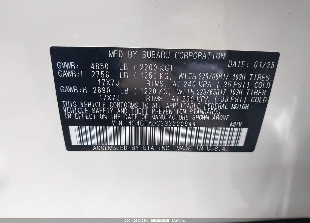 2025 SUBARU OUTBACK PREMIUM VIN: 4S4BTADC3S3200944