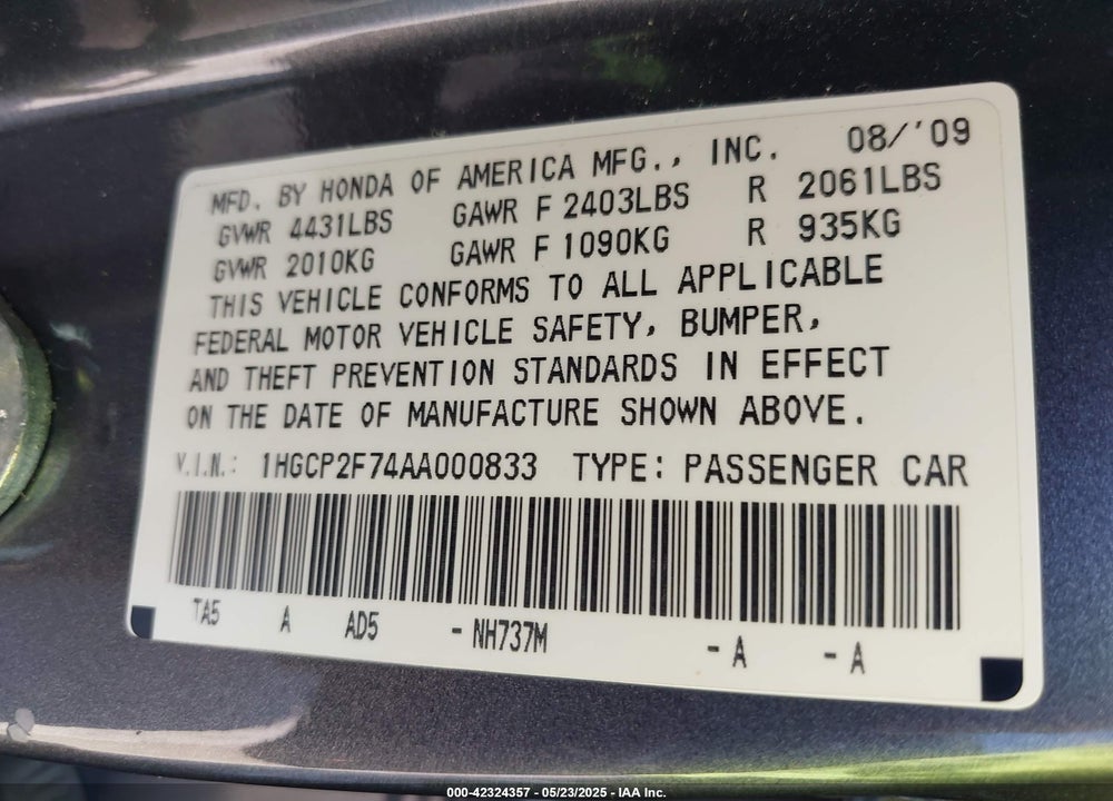 2010 HONDA ACCORD 2.4 EX VIN: 1HGCP2F74AA000833