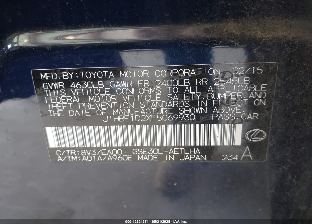 2015 LEXUS IS 250 CRAFTED LINE VIN: JTHBF1D2XF5069930