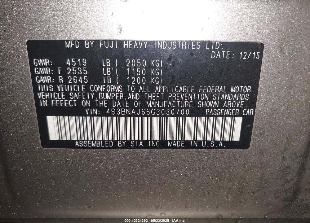 2016 SUBARU LEGACY VIN: 4S3BNAJ66G3030700