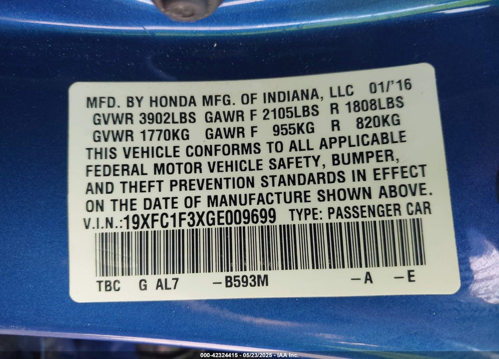 2016 HONDA CIVIC EX-T VIN: 19XFC1F3XGE009699