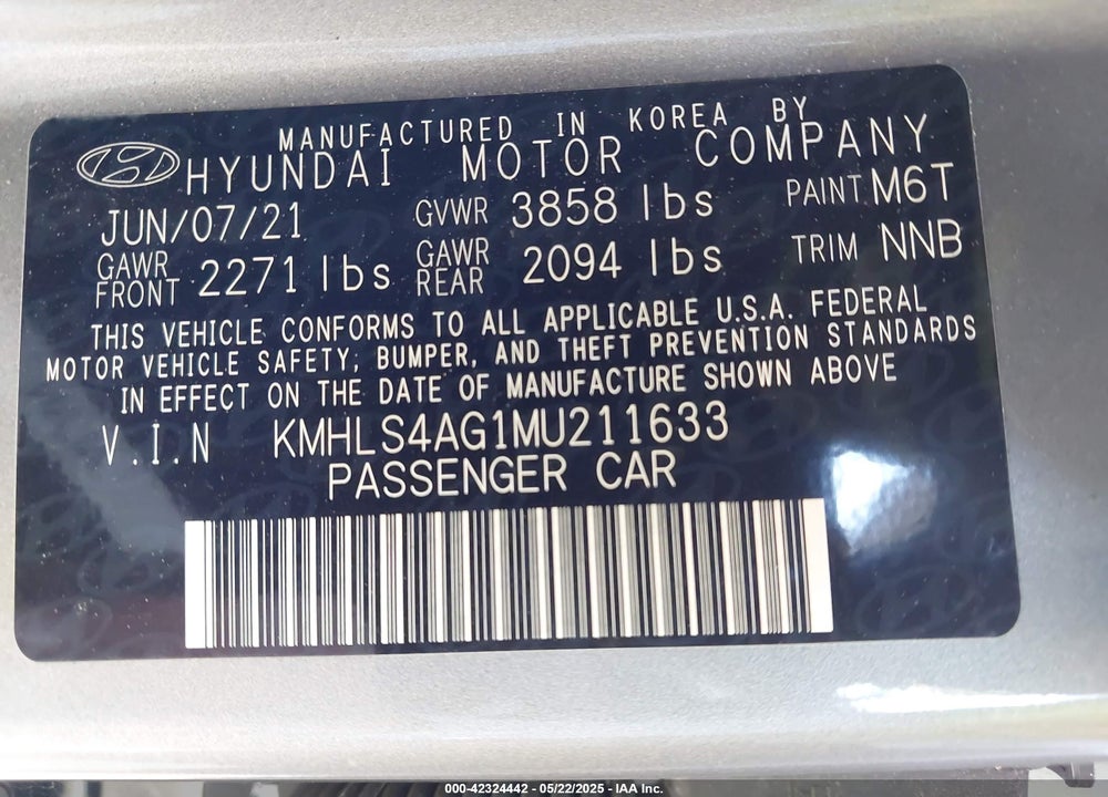 2021 HYUNDAI ELANTRA VIN: KMHLS4AG1MU211633