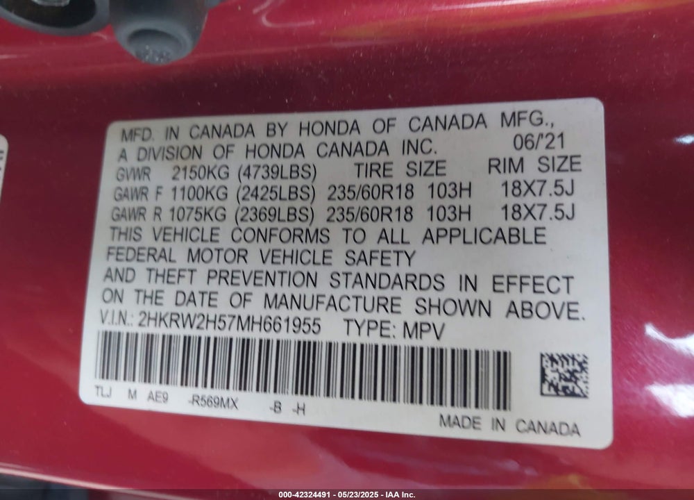 2021 HONDA CR-V AWD EX VIN: 2HKRW2H57MH661955