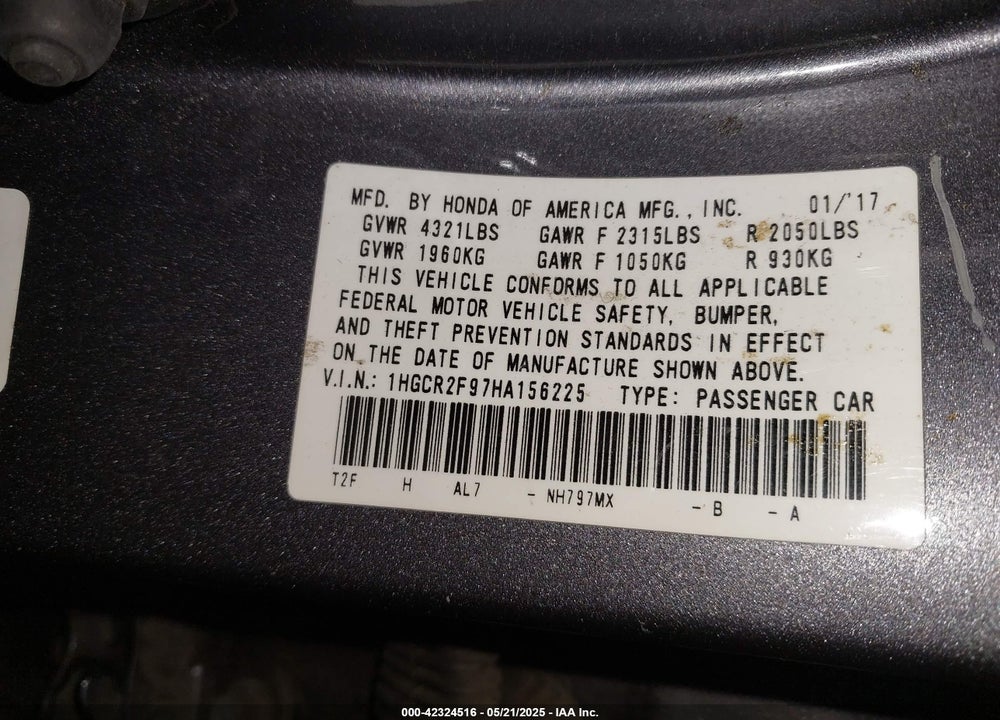2017 HONDA ACCORD EX-L VIN: 1HGCR2F97HA156225