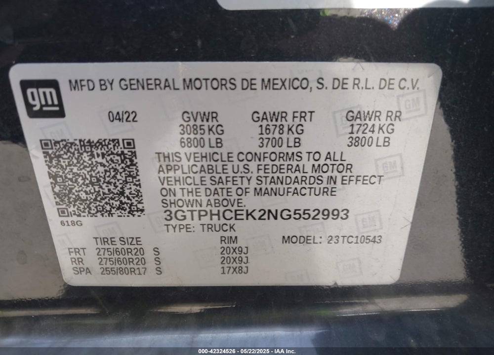 2022 GMC SIERRA 1500 2WD SHORT BOX ELEVATION VIN: 3GTPHCEK2NG552993