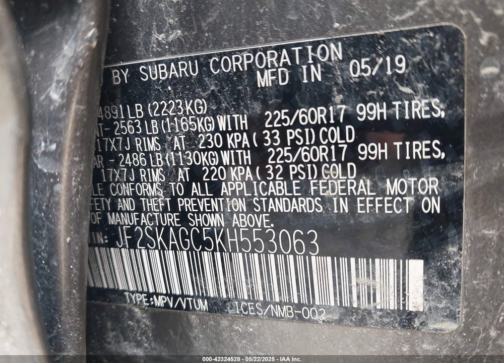 2019 SUBARU FORESTER VIN: JF2SKAGC5KH553063