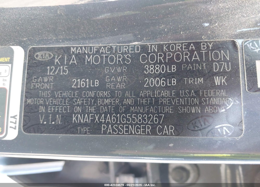 2016 KIA FORTE LX VIN: KNAFX4A61G5583267