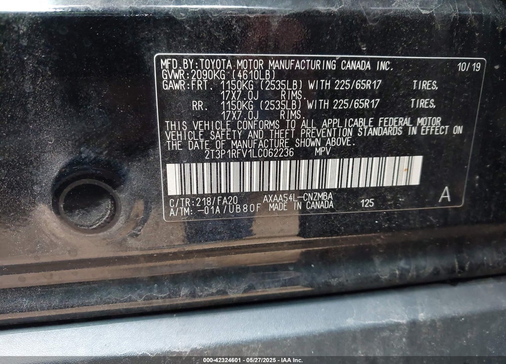 2020 TOYOTA RAV4 VIN: 2T3P1RFV1LC062236