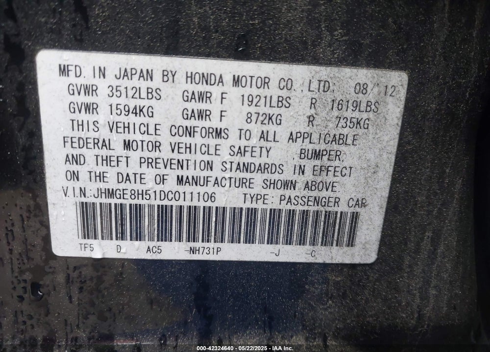 2013 HONDA FIT SPORT VIN: JHMGE8H51DC011106