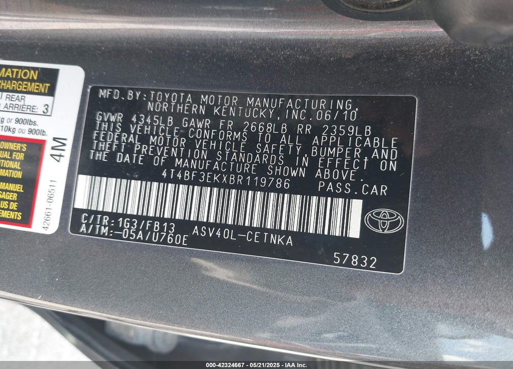 2011 TOYOTA CAMRY LE/SE/XLE VIN: 4T4BF3EKXBR119786