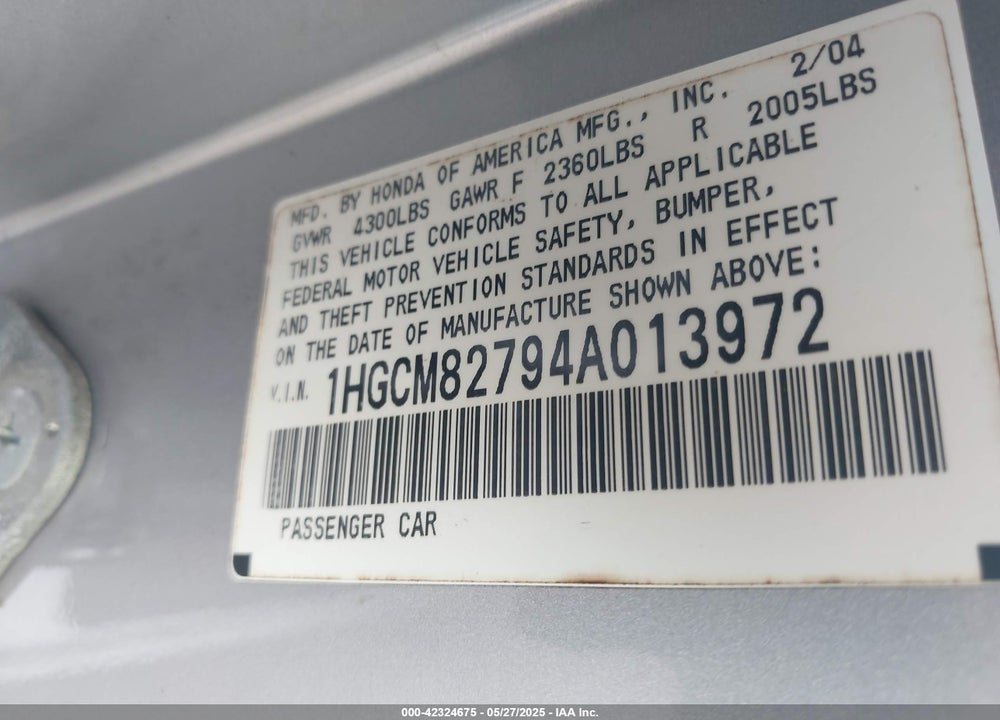 2004 HONDA ACCORD 3.0 EX VIN: 1HGCM82794A013972